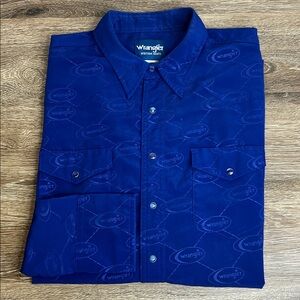 🤠 Wrangler Western Shirts Logo Print Snap Button Shirt Royal Blue Men’s XL